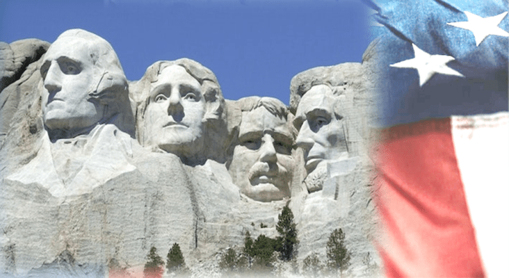 Mount Rushmore and American flag depicting American history