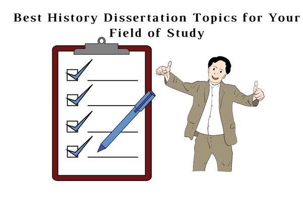 Image written ‘Best history dissertation topics for your field of study’ and a checklist and a man below it
