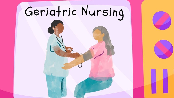 Geriatric nursing written above a nurse with a stethoscope next to an old lady inside a picture frame