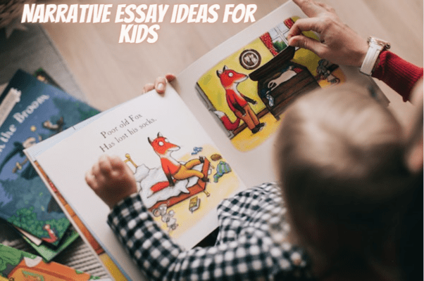 Image showing a child reading a story book with text written “narrative essay ideas for kids” at the top