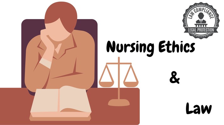 Person reading a book next to scales, a law compliance badge and nursing ethics and law written on the right side
