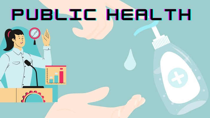 Public health written above cartoon doctor speaking in front of a microphone with hand sanitizer in the background