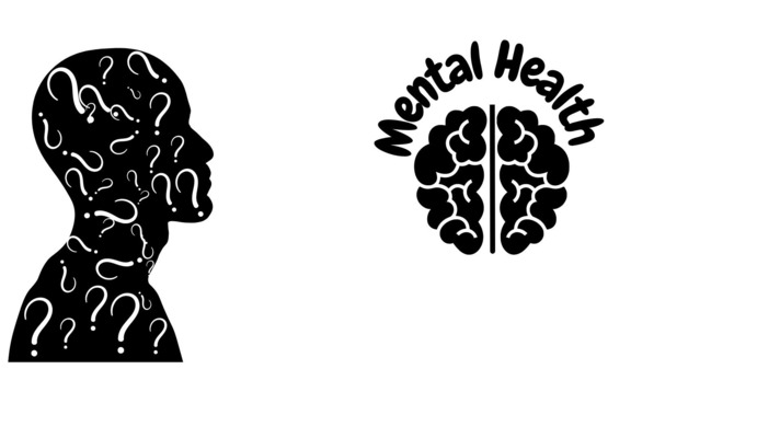 Silhouette of man with many question marks next to a brain with the words mental health written above it. 