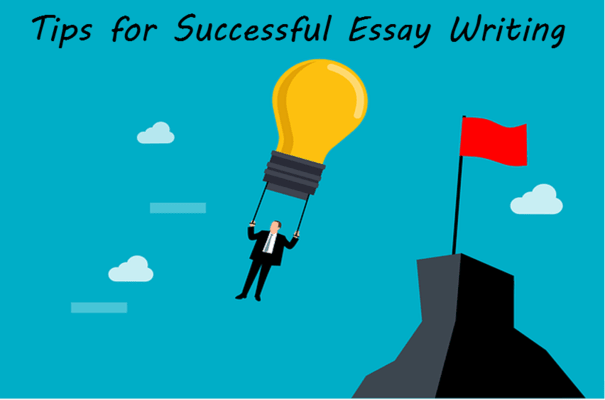 Text written, ‘tips for successful essay writing’ above a man with a light bulb parachute next to peak with red flag