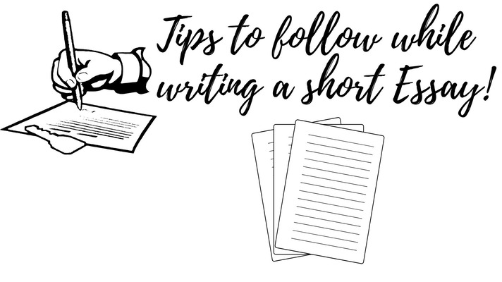 Text written, tips to follow while writing a short essay’ next to notes and a hand writing a note.